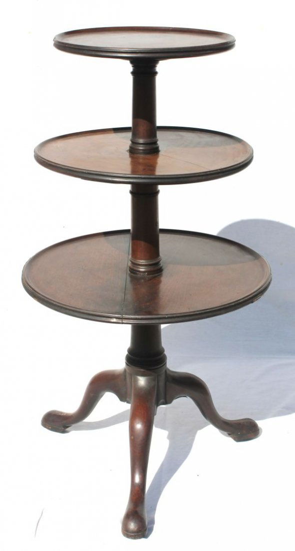 18thC QA period 3 tier dish top mahogany dumb wait: 18thC QA period 3 tier dish top mahogany dumb waiter - 42" tall x 24" wide