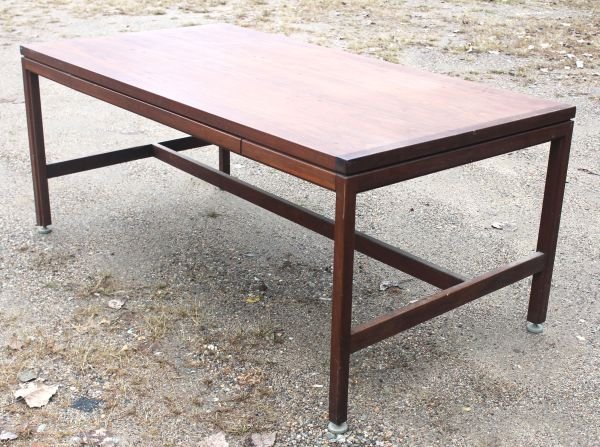 Mid-century-modern 1 drawer walnut conference tabl: Mid-century-modern 1 drawer walnut conference table labeled Jens Risom - 69 1/2" long x 36" deep x 29" tall