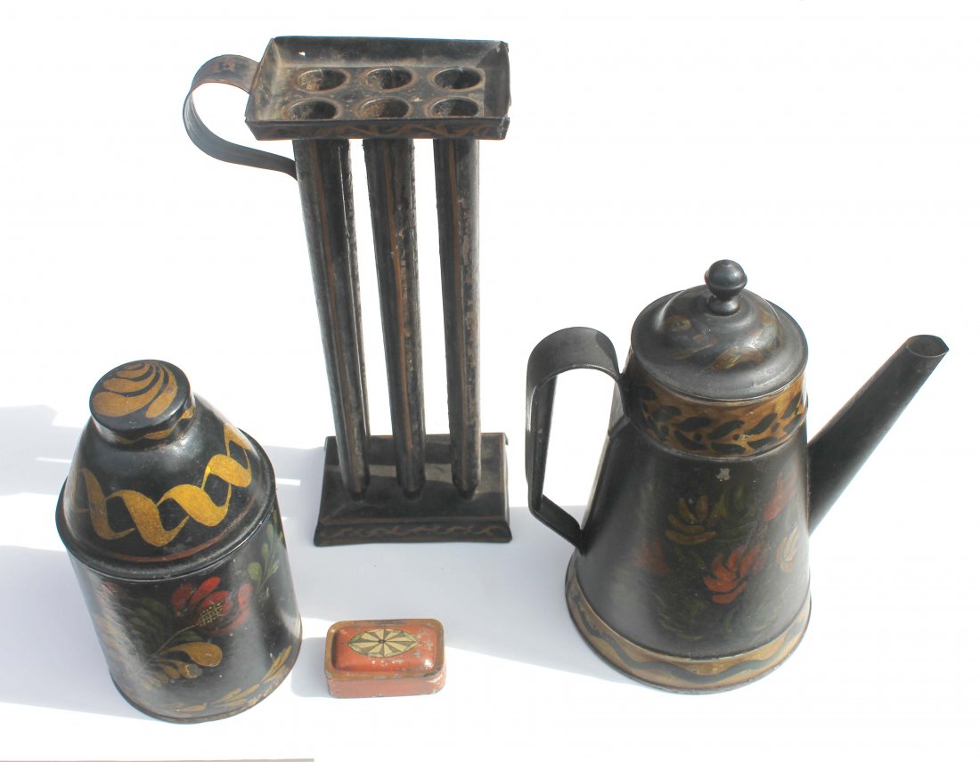 4 pcs of 19thC painted tole incl 7 1/2" tea caddy,: 4 pcs of 19thC painted tole incl 7 1/2" tea caddy, 9" coffee pot, 11" candle mold & sm snuff box