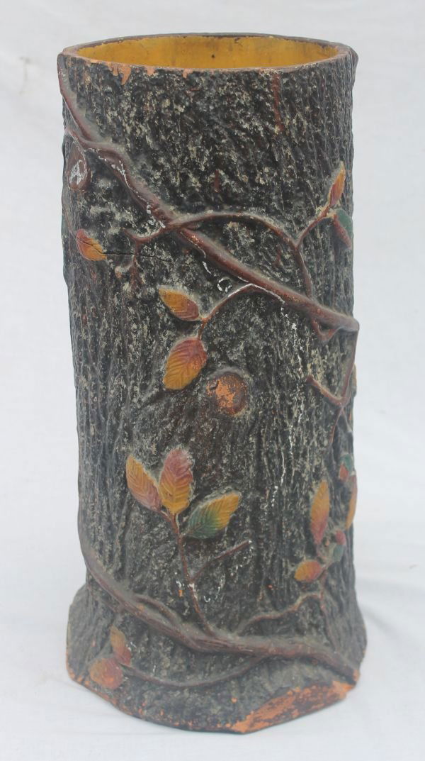 rustic redware molded umbrella stand in the form: rustic redware molded umbrella stand in the form of a tree stump surrounded by leafy vines in orig painted surface possibly by J. Eberly & Co, Strasburg, VA ca 1890 - 21" tall