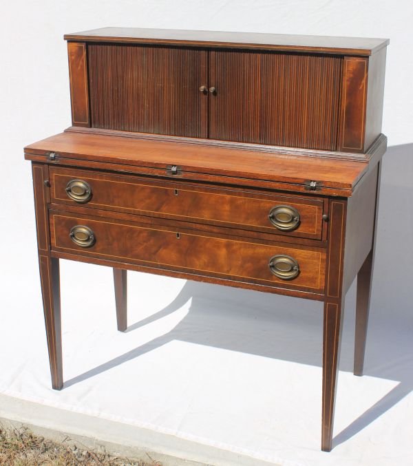 fine form Hepplewhite style mahogany & satinwood i: fine form Hepplewhite style mahogany & satinwood inlaid tambour desk w Maddox label - 36" wide x 42"