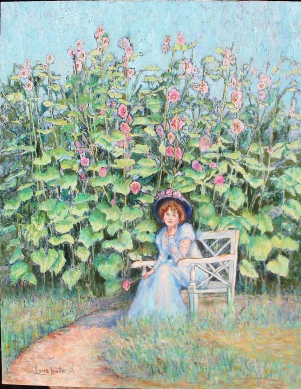 Lorna Kanter 28"x22" o/c self portrait seated in a: Lorna Kanter 28"x22" o/c self portrait seated in a very colorful garden dated 1996 (Ms. Kanter has a most interesting biography and was a woman way ahead of her times)