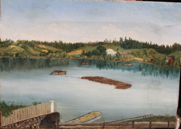 10"x14" o/c Hudson River/Naïve school ca 1880 scen: 10"x14" o/c Hudson River/Naïve school ca 1880 scene w artist & location information on old label affixed to stretcher on verso