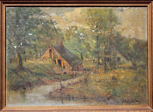 JD Huliston (American 20th C) 10"x14" o/bd house &: JD Huliston (American 20th C) 10"x14" o/bd house & barn by a stream landscape