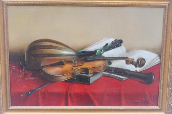 sgnd George (?) 20"x29" o/c violin, mandolin, flut: sgnd George (?) 20"x29" o/c violin, mandolin, flute & music books in the Trompe L'oeil style - nicely framed