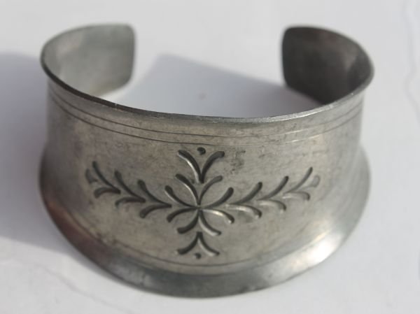 sgnd Georg Jensen pewter cuff bracelet w engraved: sgnd Georg Jensen pewter cuff bracelet w engraved decoration (Denmark)