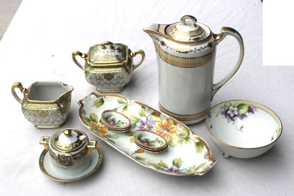 12 pcs of hand painted Nippon incl Chocolate pot, : 12 pcs of hand painted Nippon incl Chocolate pot, creamer & sugar, nut tray w nut dishes, etc