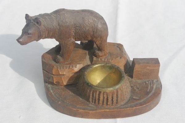 19thC Black Forest carved bear desk ashtray/smokin: 19thC Black Forest carved bear desk ashtray/smoking item - 4 1/2" tall x 7" wide