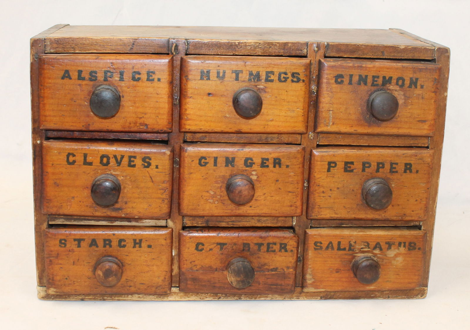 Antique 9 drawer spice chest in natural surface w painted labeled drawers - 9 1/2" tall x 14 3/4" (1 of 5)