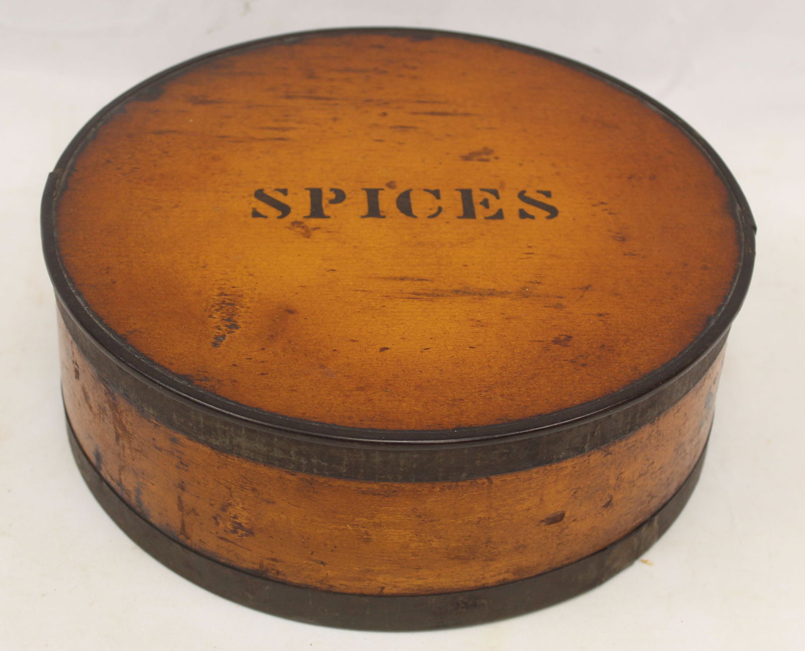 Antique "Spices" pantry box w iron banding & 8 small spice containers inside - 9 1/2" diam x 3 1/2" (1 of 3)