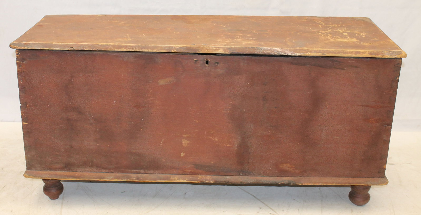 Antique blanket chest in red on bun feet - probably replaced - 21 1/2" tall x 46" wide x 16 1/2": Antique blanket chest in red on bun feet - probably replaced - 21 1/2" tall x 46" wide x 16 1/2" deep