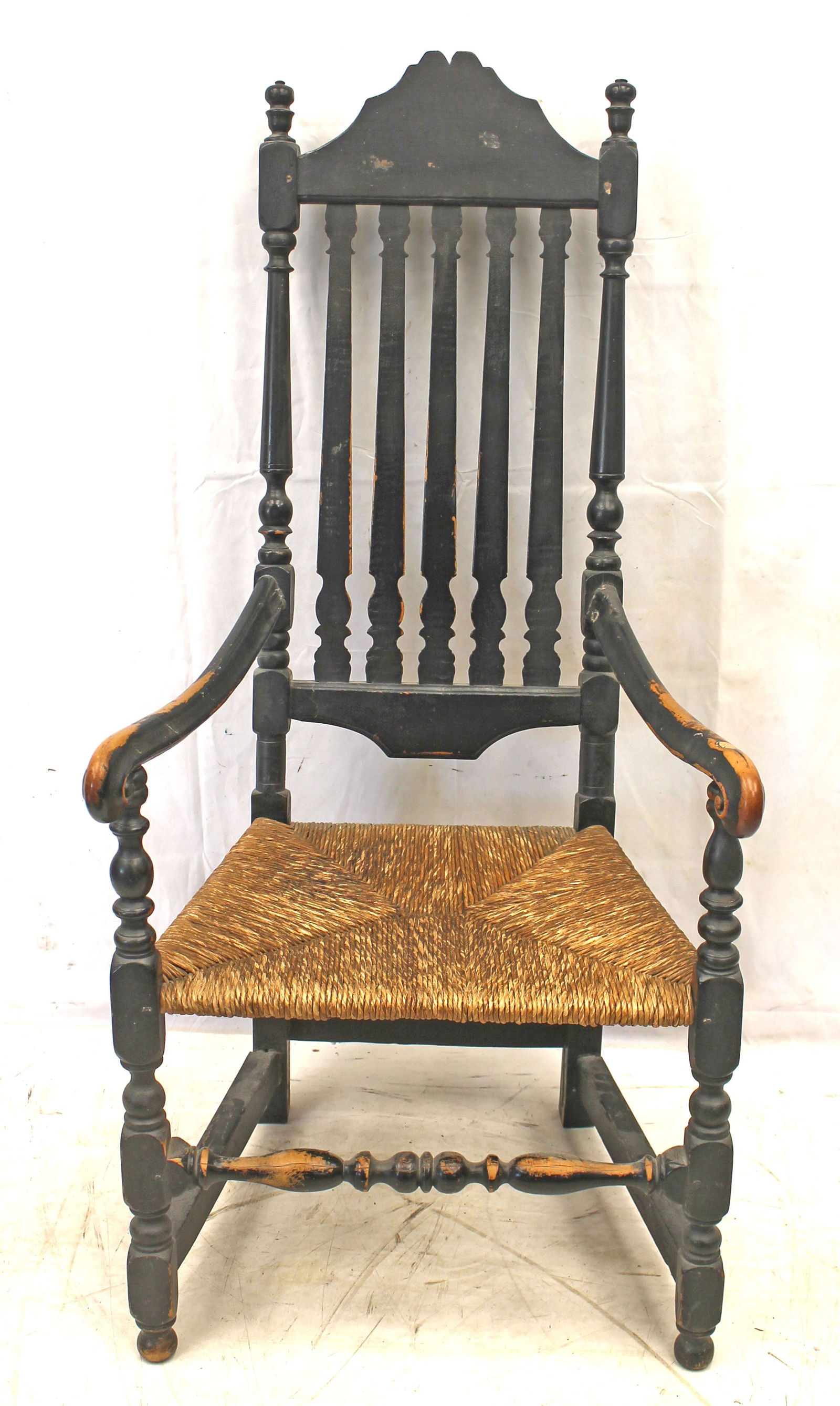 Antique 5 slat banister back great chair w canted back, rush seat, curled arms & in black paint - 49 (1 of 11)