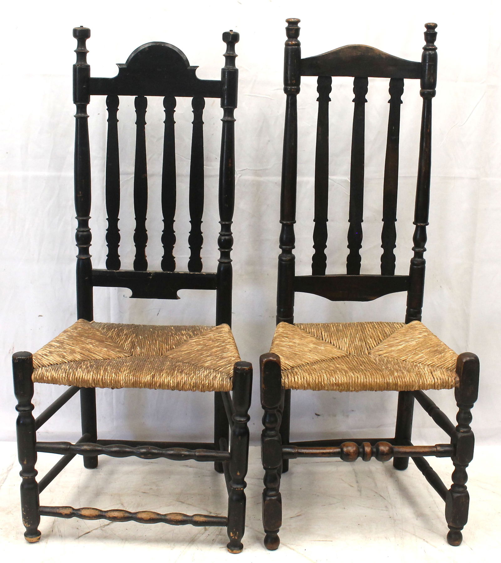 Assembled pair of antique banister back side chairs in black paint w rush seats (1 of 7)