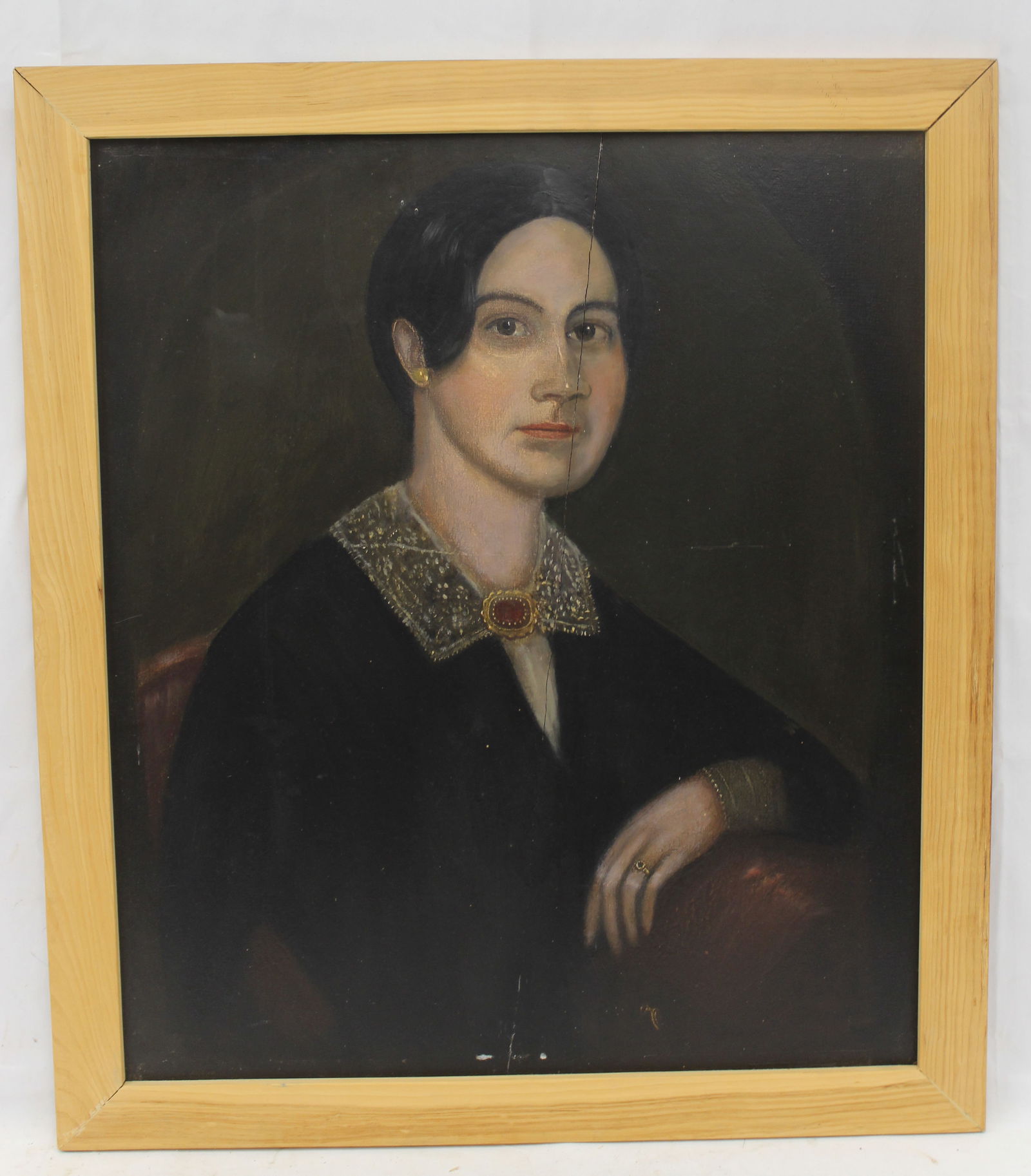 Antique o/panel portrait of a woman w nicely detailed brooch & ring - as found w split in wood panel (1 of 8)