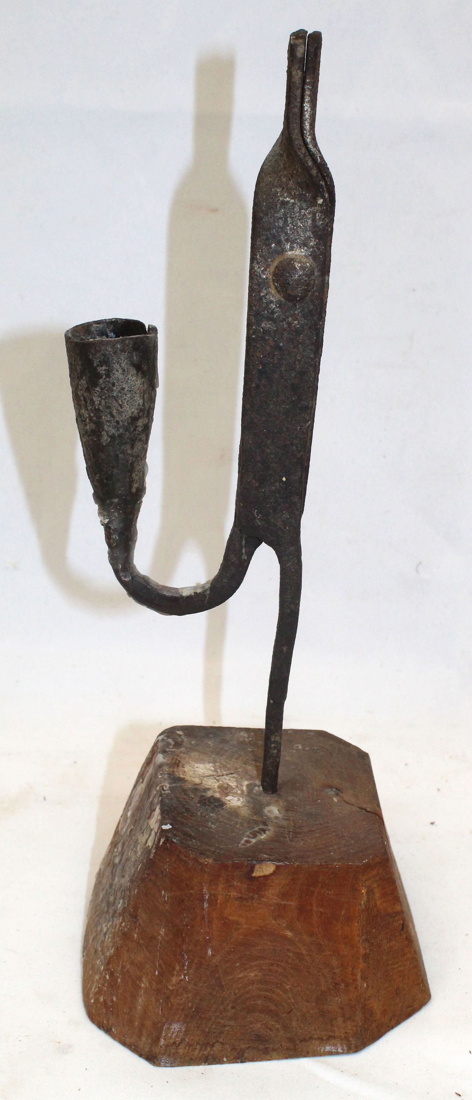 Antique table top iron rush light candle lamp on make do wooden base - 12 1/2" tall (1 of 4)