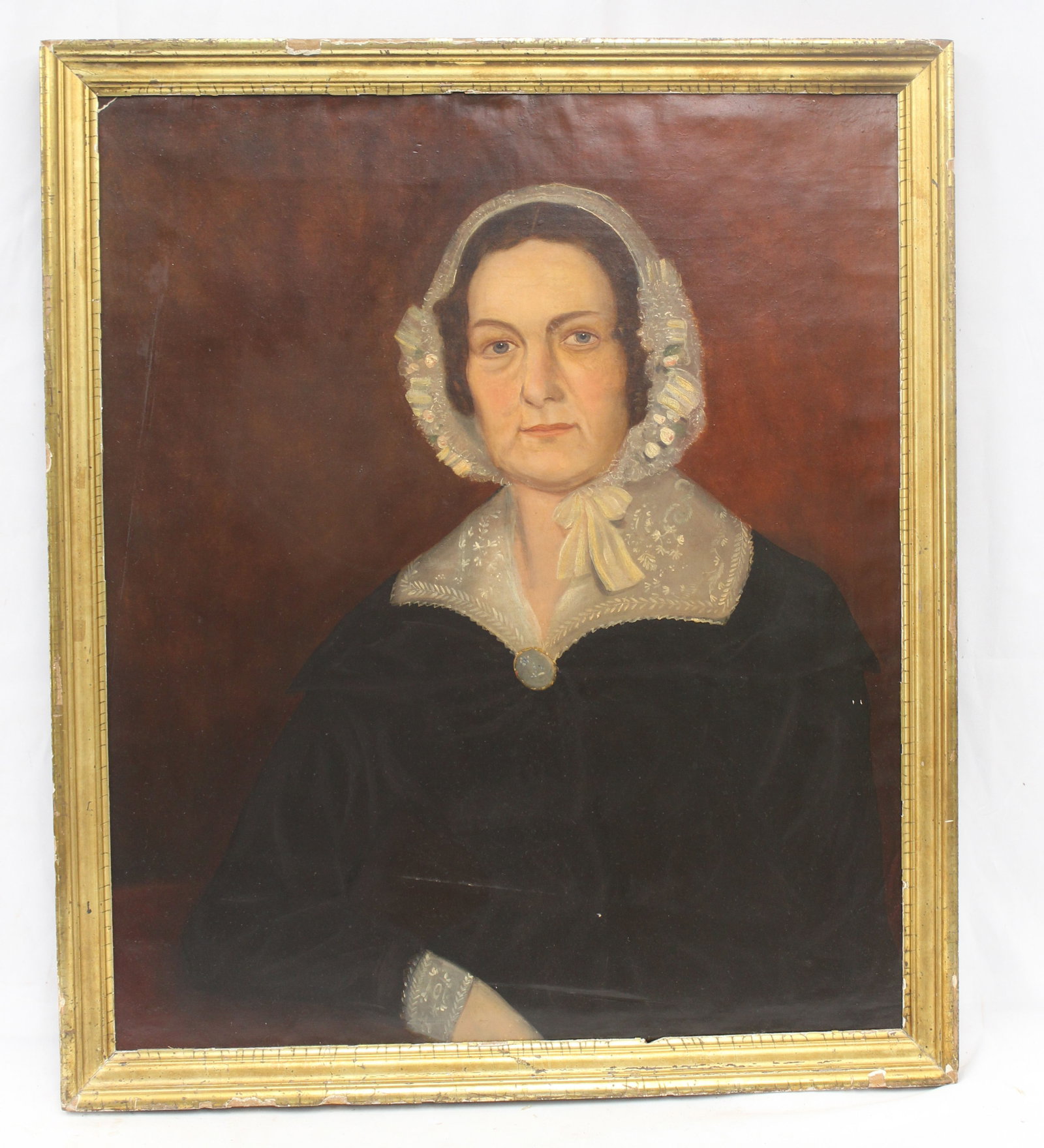 Antique o/c portrait of a woman in lace bonnet - overall framed size 28 1/2"x24 1/4": Antique o/c portrait of a woman in lace bonnet - overall framed size 28 1/2"x24 1/4"