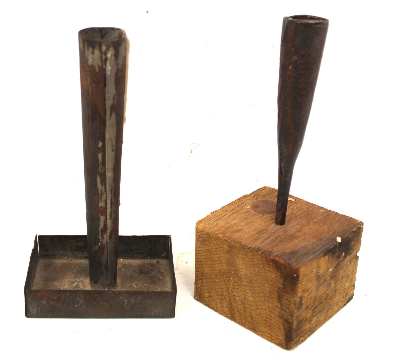 Lot of 2 antique small candle holders incl iron on make do wooden base - 7" & tin w rectangular open (1 of 4)