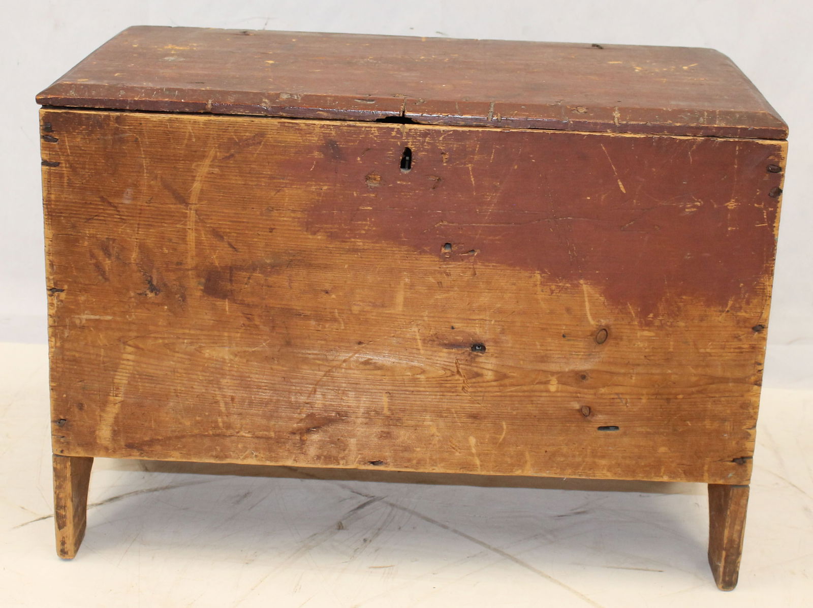 Diminutive antique blanket chest w scrolled cut out base in natural surface w traces of red paint - (1 of 8)