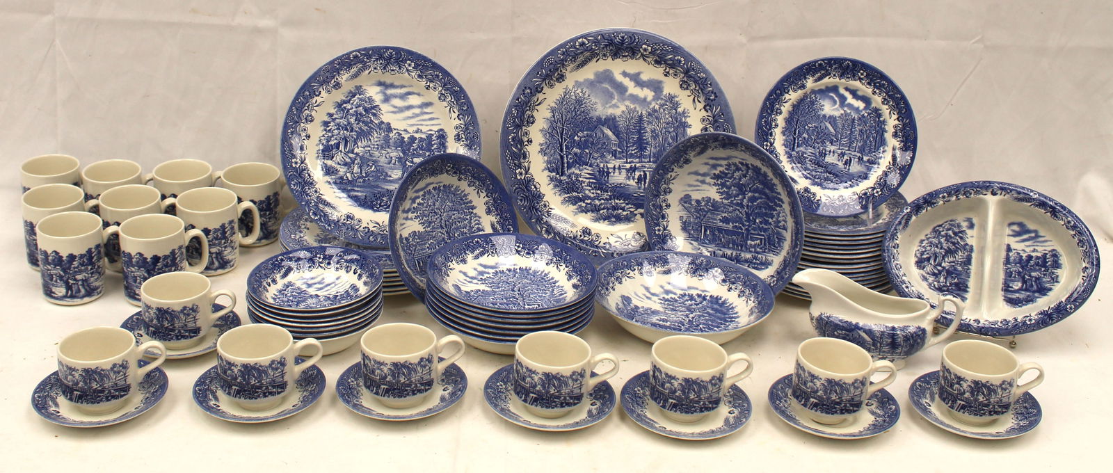 Currier & Ives blue "Harvest" Churchill, England china service incl dinner plates, sandwich plates, (1 of 11)