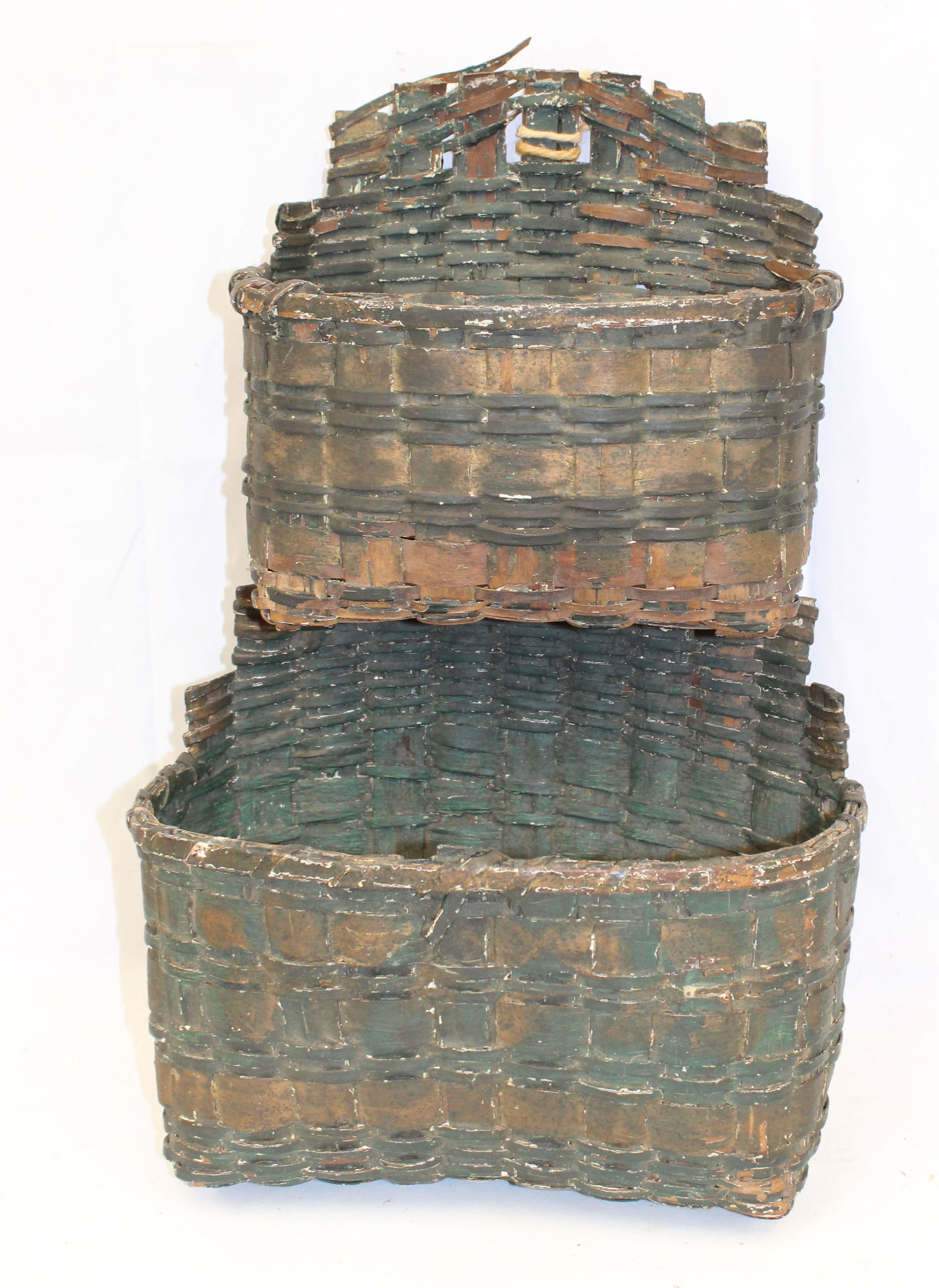 Antique double wall basket in green paint - 20" tall x 12" wide x 6" deep (1 of 5)