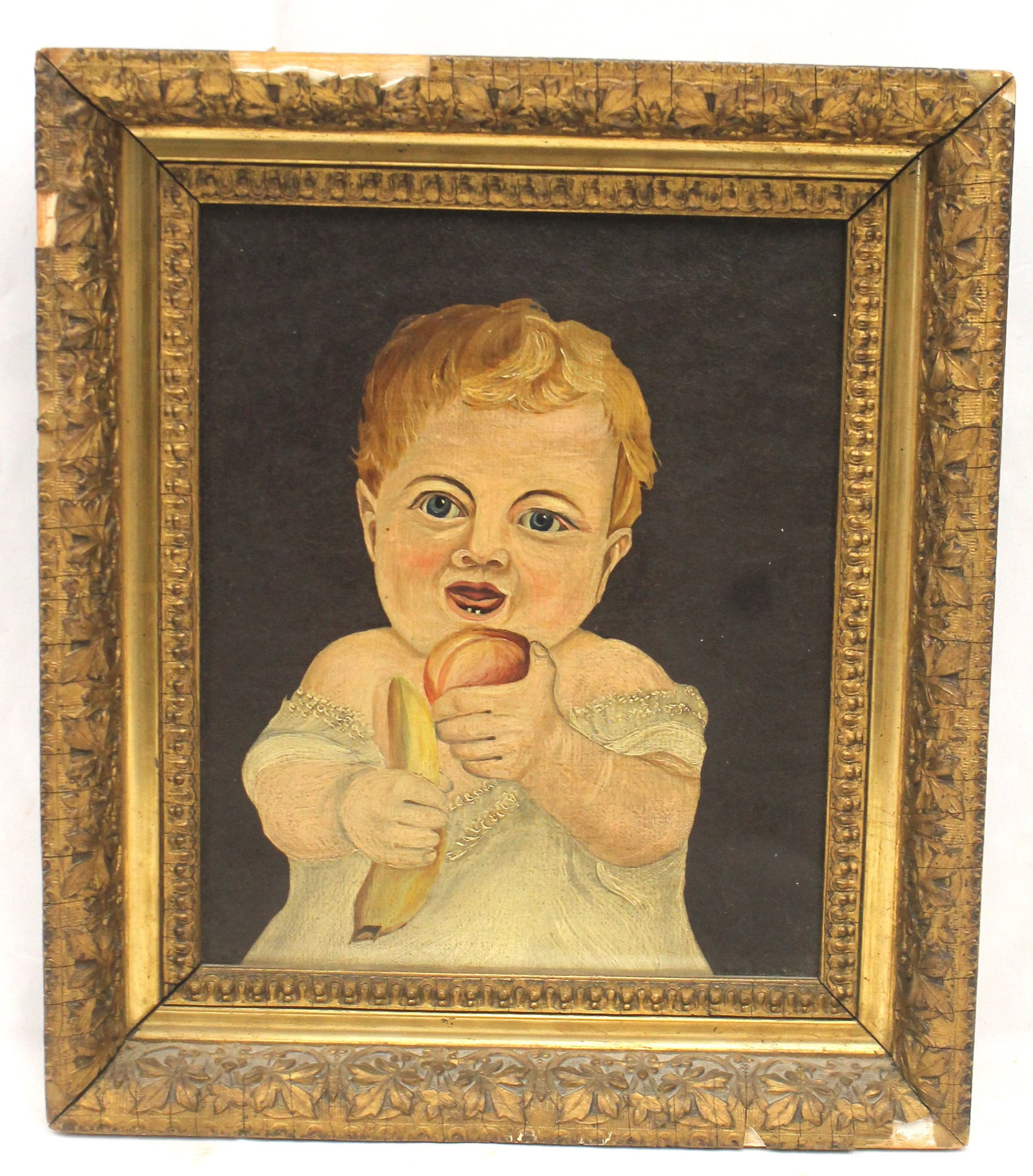 Folk Art o/c portrait of a baby holding a peach & a banana - overall framed size 15 1/2"x13 1/2": Folk Art o/c portrait of a baby holding a peach & a banana - overall framed size 15 1/2"x13 1/2"