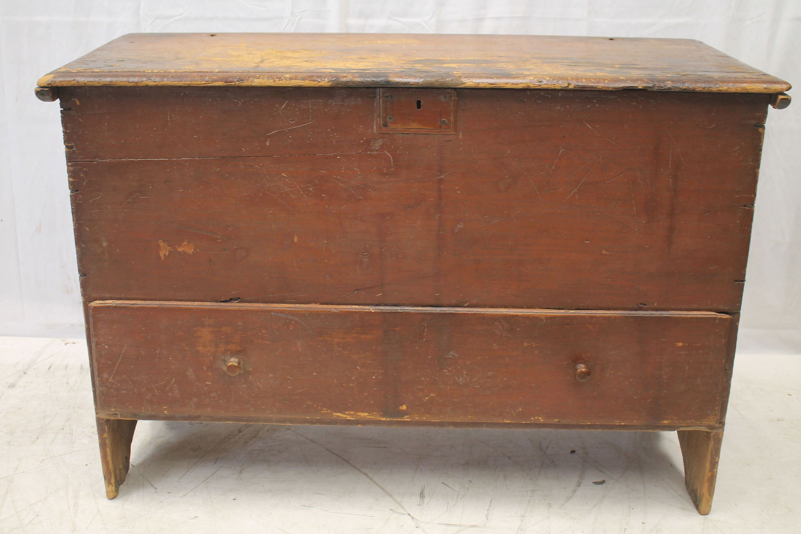 Antique 1 drawer blanket chest on bootjack ends in red paint w initials "IM" carved on front - 30" (1 of 9)