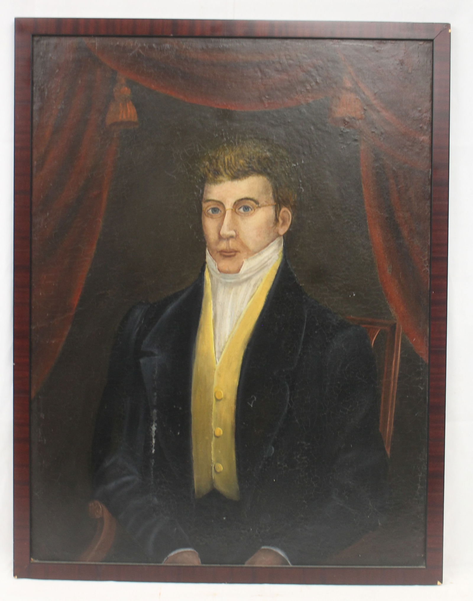 Antique o/c laid on board portrait of a gentleman w spectacles & yellow vest - overall framed size (1 of 7)