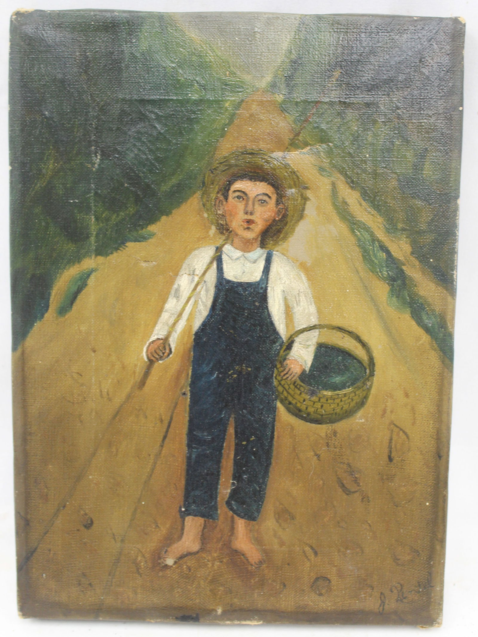 Small antique o/c of a young boy w straw hat in overalls & barefoot carrying a basket & fishing pole (1 of 5)