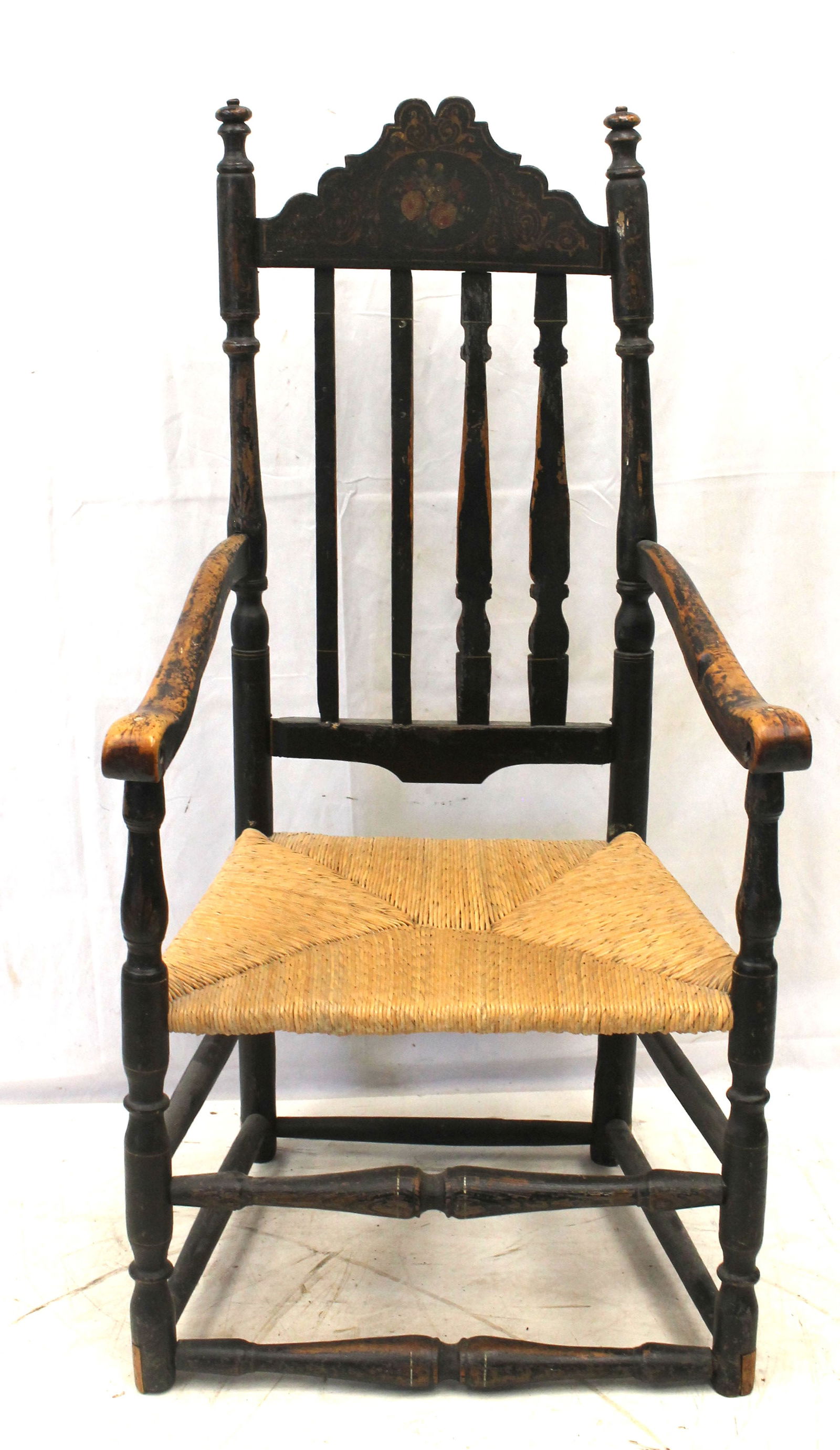 18thC 5 slat banister back great armchair in black paint w 19thC floral paint dec - 47" tall w 16" (1 of 8)