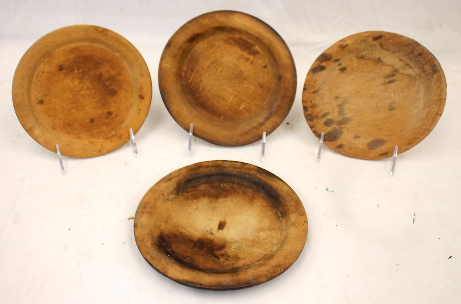 Lot of 4 antique treen plates - 7"- 7 1/2" diam - all out of round (1 of 10)