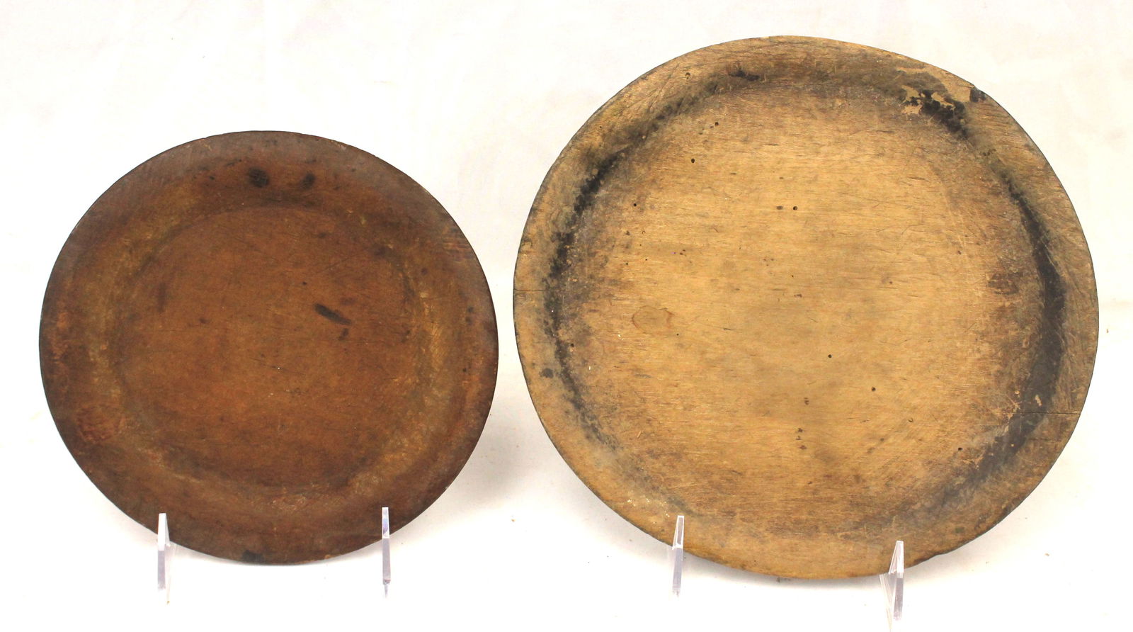 Lot of 2 antique treen plates - 7 3/4" & 10" diam - out of round (1 of 6)