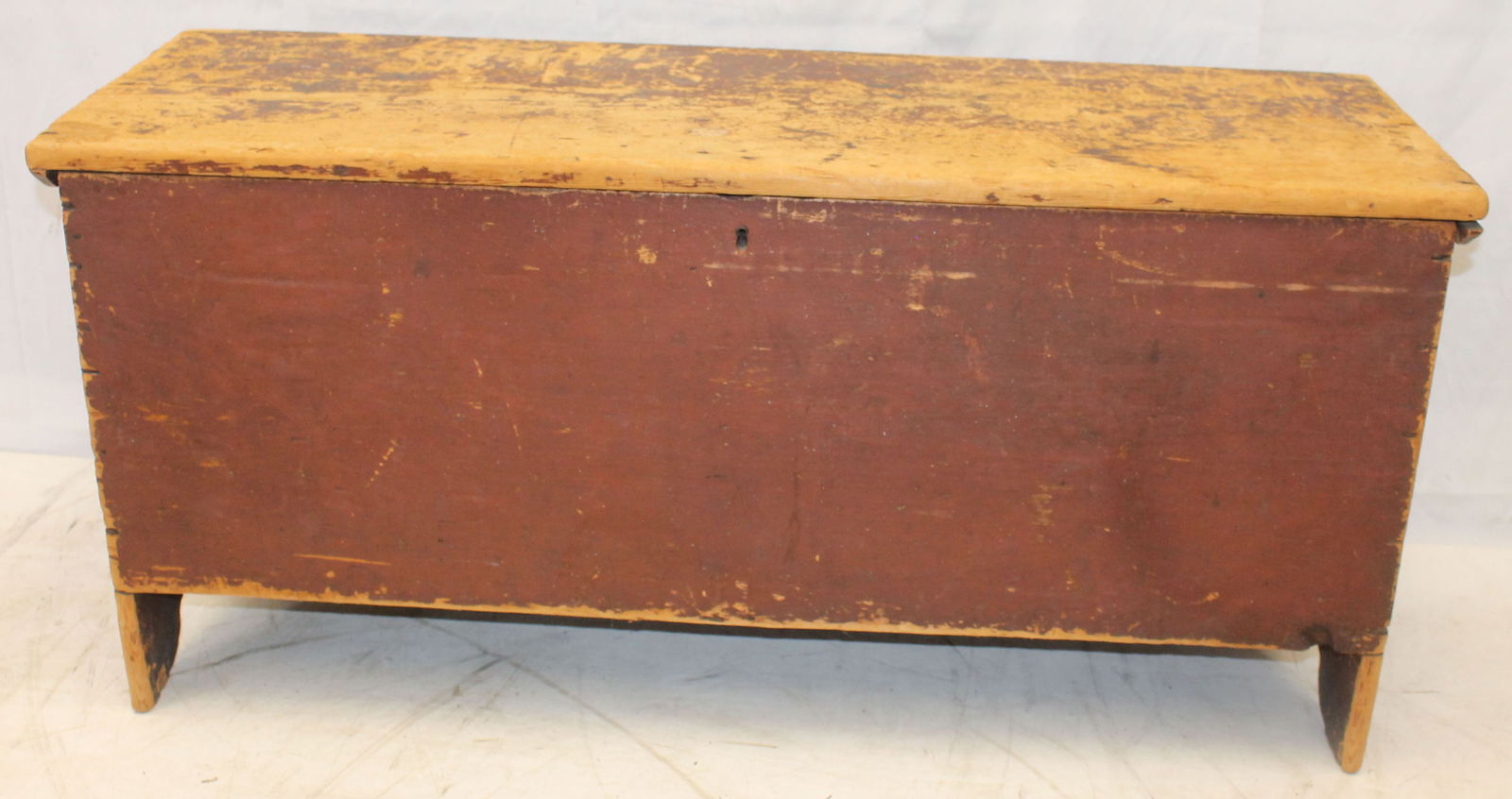 Antique blanket box on rounded cut out base in traces of red paint - 20" tall x 44" wide x 15 1/2" (1 of 7)