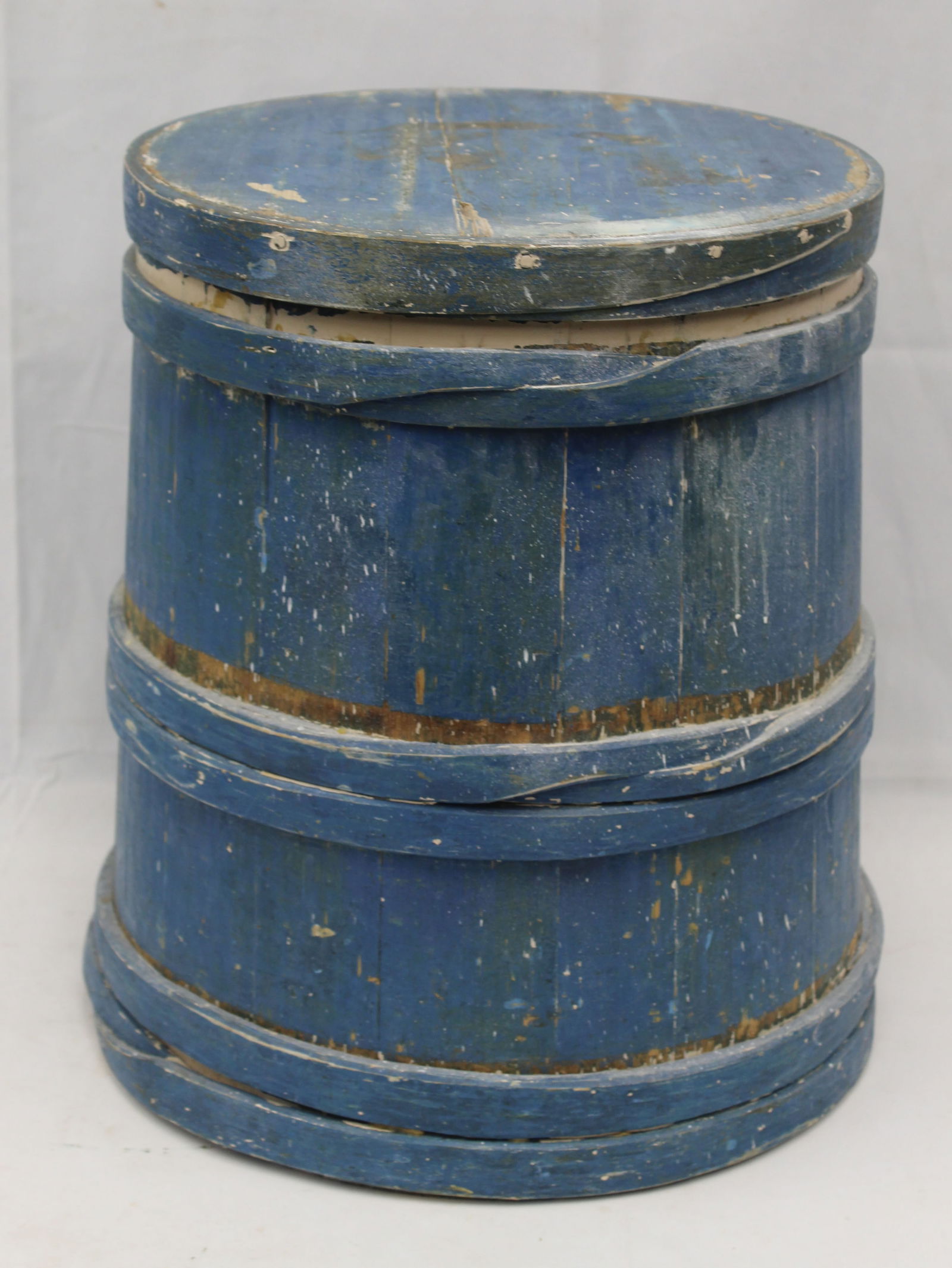 Antique wooden banded firkin bucket w cover in blue paint - 13 1/2" diam x 17" tall (1 of 7)