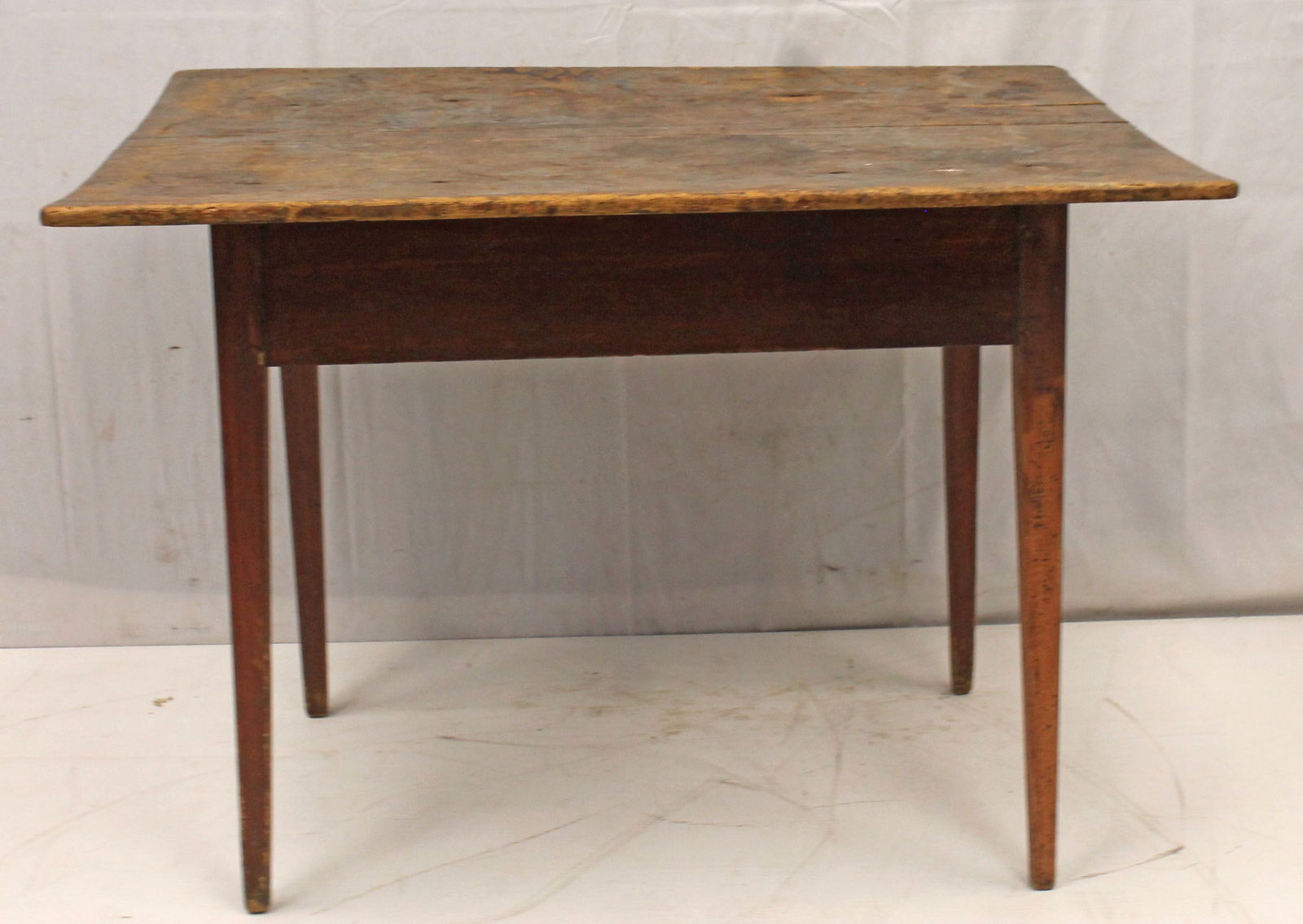 19thC tavern table w scrub top on red wash base w tapered legs - as found - 27 1/2" tall x 38" wide (1 of 2)