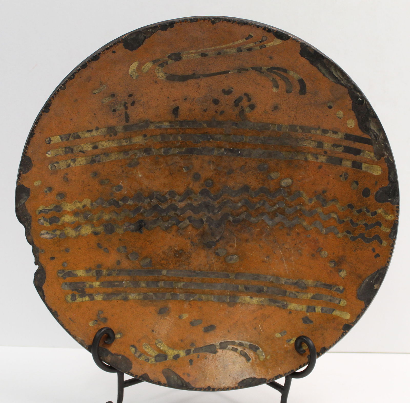 Antique redware slip decorated charger - as found - 13 1/2" diam (1 of 7)