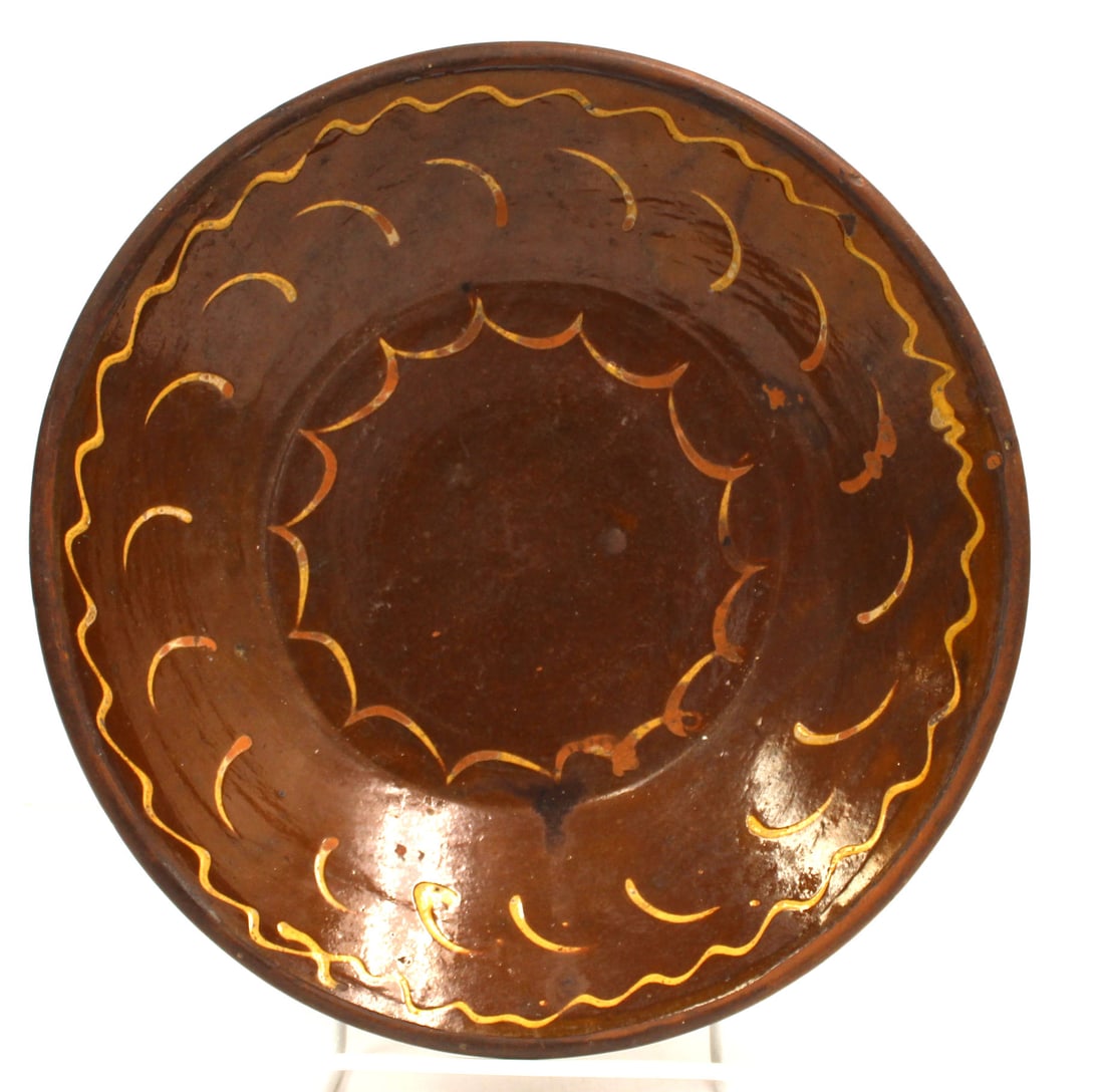 Antique redware slip decorated milk pan - as found - 13 1/4" diam: Antique redware slip decorated milk pan - as found - 13 1/4" diam