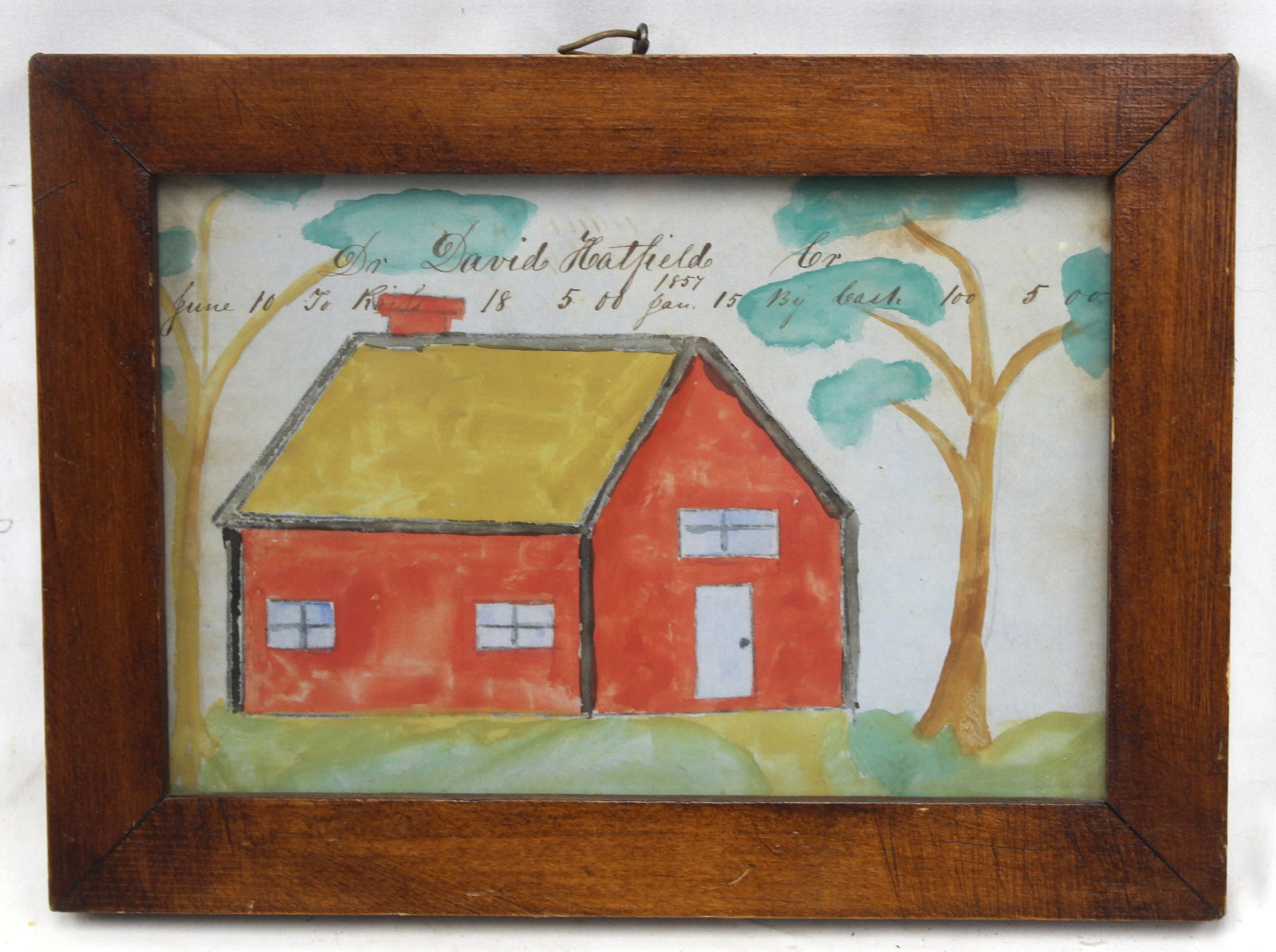 Antique watercolor of a house inscribed "Dr. David Hatfield Sr… June 10, 1857…" - overall framed: Antique watercolor of a house inscribed "Dr. David Hatfield Sr… June 10, 1857…" - overall framed size 6 3/4"x9 1/4"
