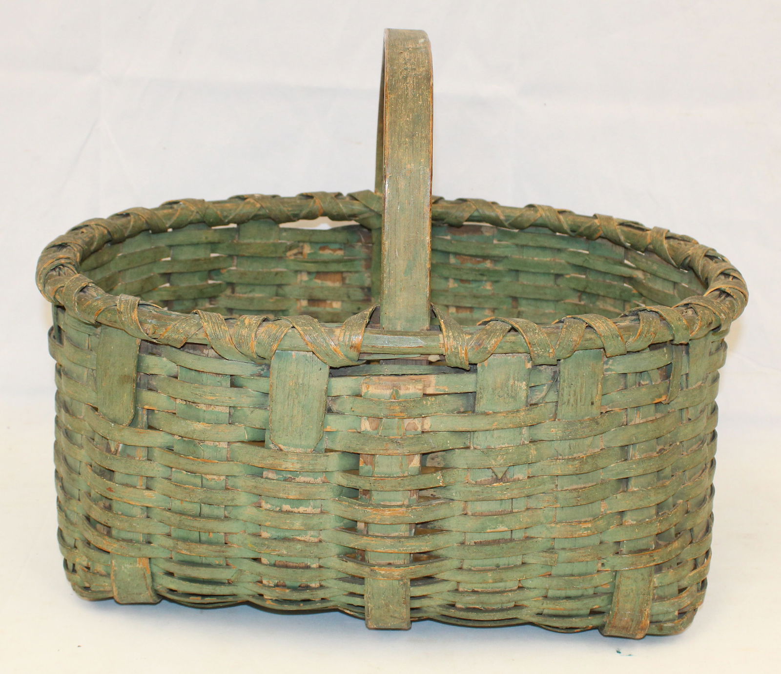 Antique fixed handled basket in green paint - 13" tall x 17 1/4"x13 1/4" (1 of 4)