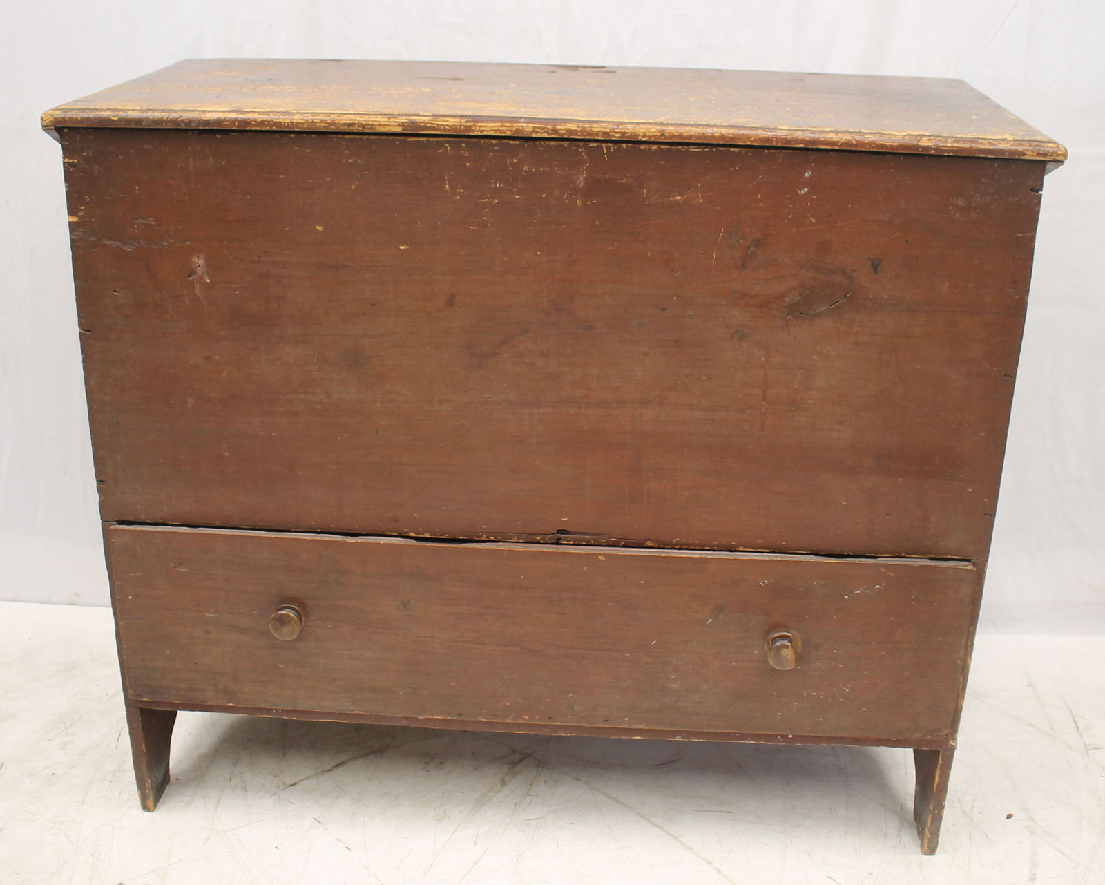 Antique 1 dr blanket chest w cut out base in brownish red paint - as found - 34" tall x 40 1/2" wide (1 of 9)