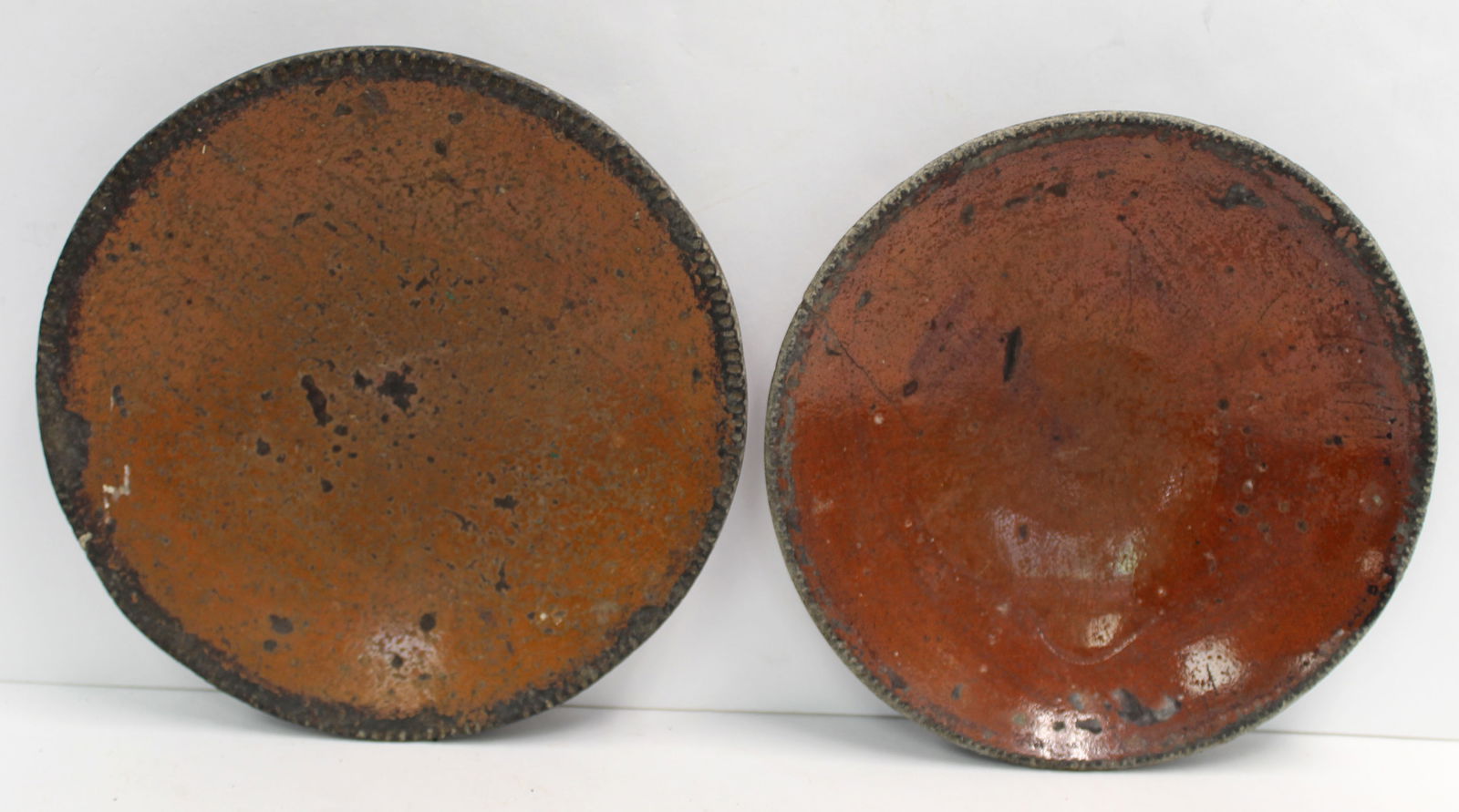 Lot of 2 antique redware plates - 9 1/2" & 10" diam (1 of 9)