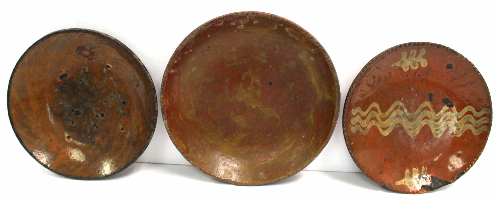 Lot of 3 antique redware plates incl 1 slip dec - 8" & 9" (1 of 12)