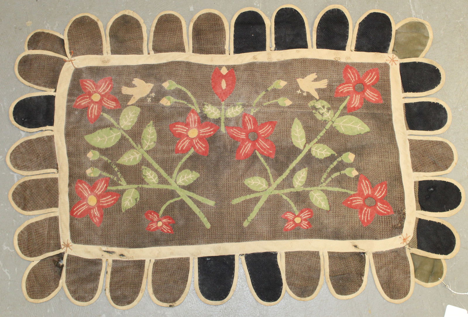 Antique applique & embroidered rug w flowers & bird plus hand sewn petal edges - 20 1/2"x32" (1 of 5)