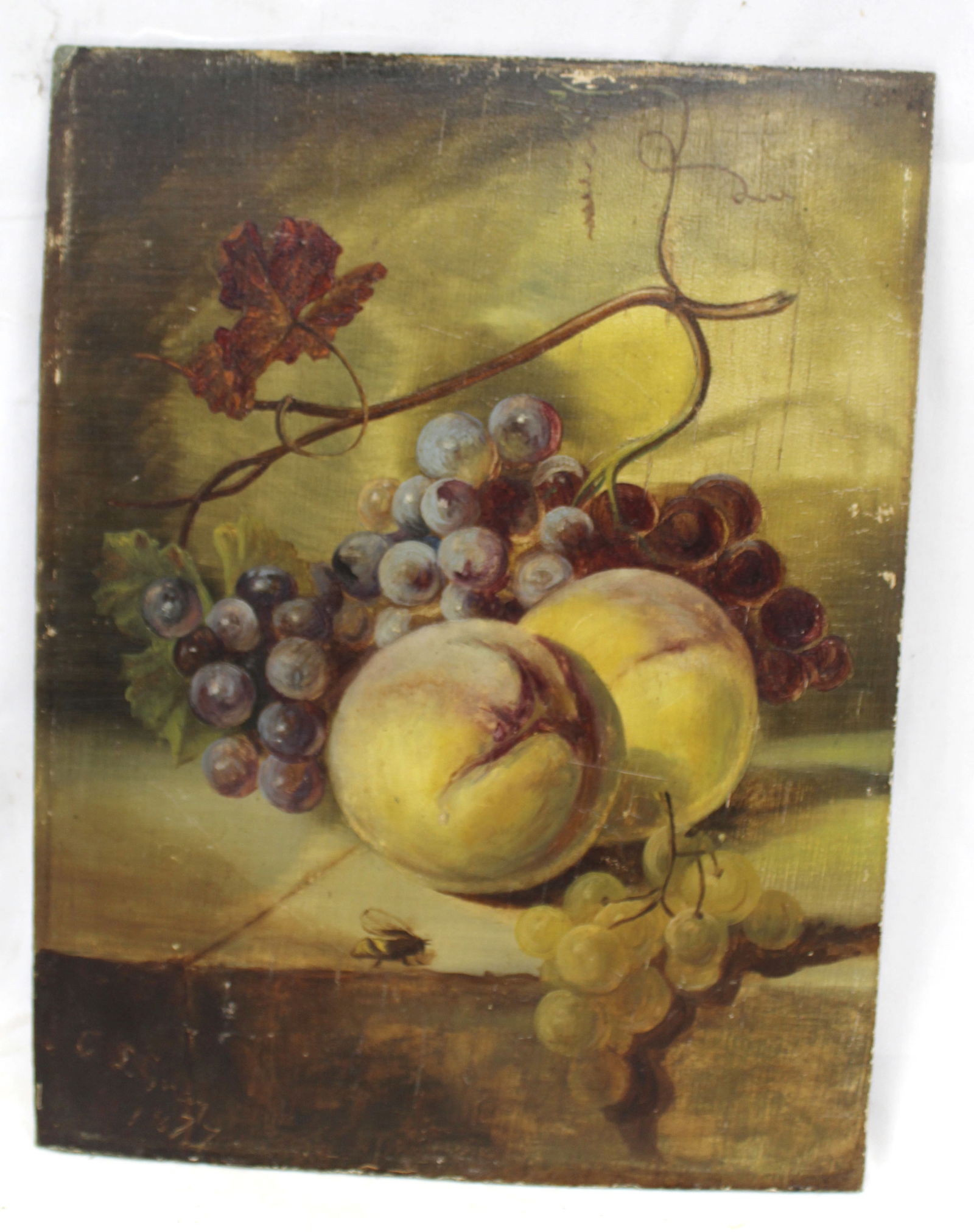 Antique o/bd still life of fruit w bumble bee sgnd CL Gran dated 1877 - 12"x9" (1 of 8)