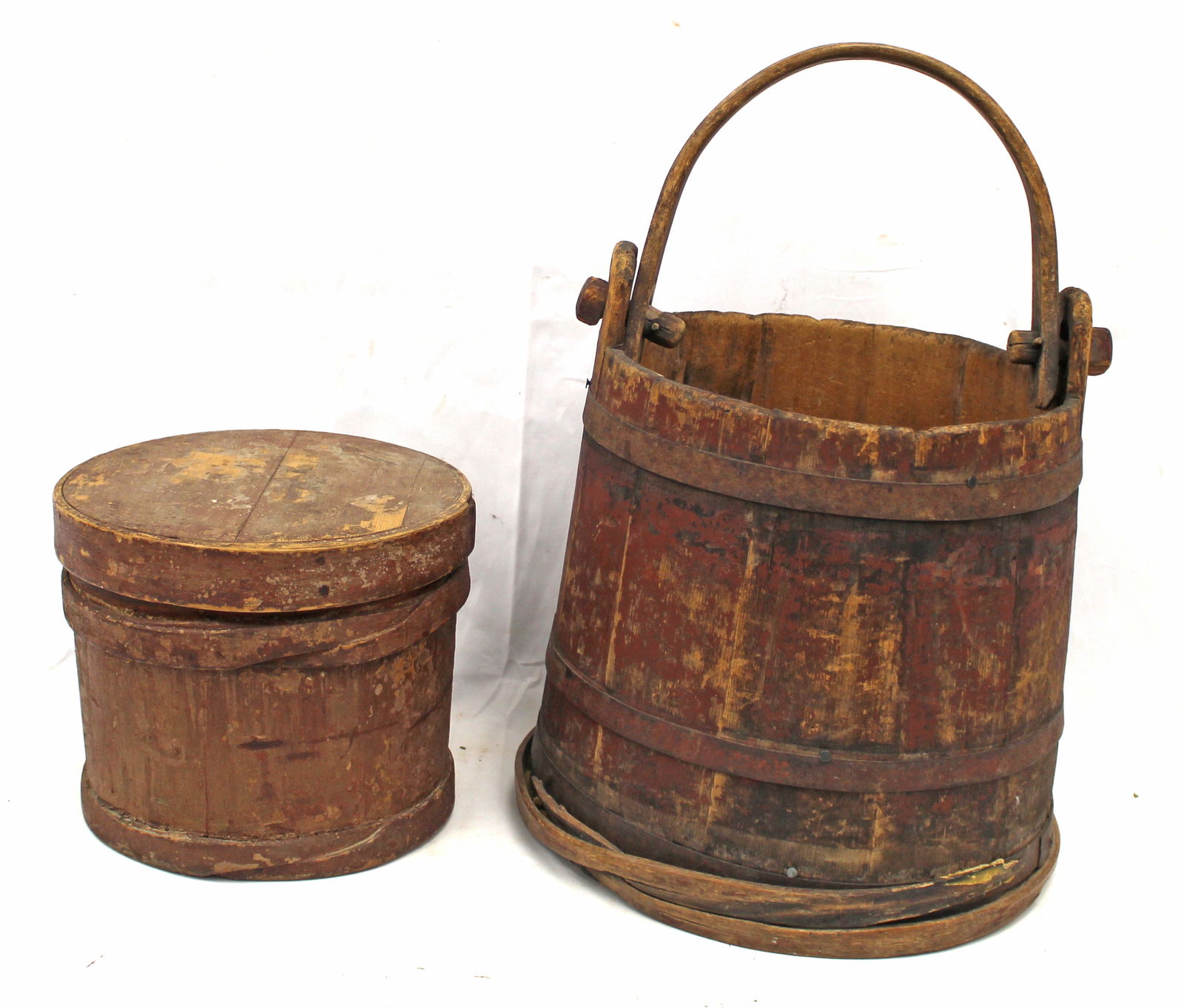 Lot of 2 antique wooden buckets in red paint incl wooden bail handled w iron bands 12" tall x 10 (1 of 7)