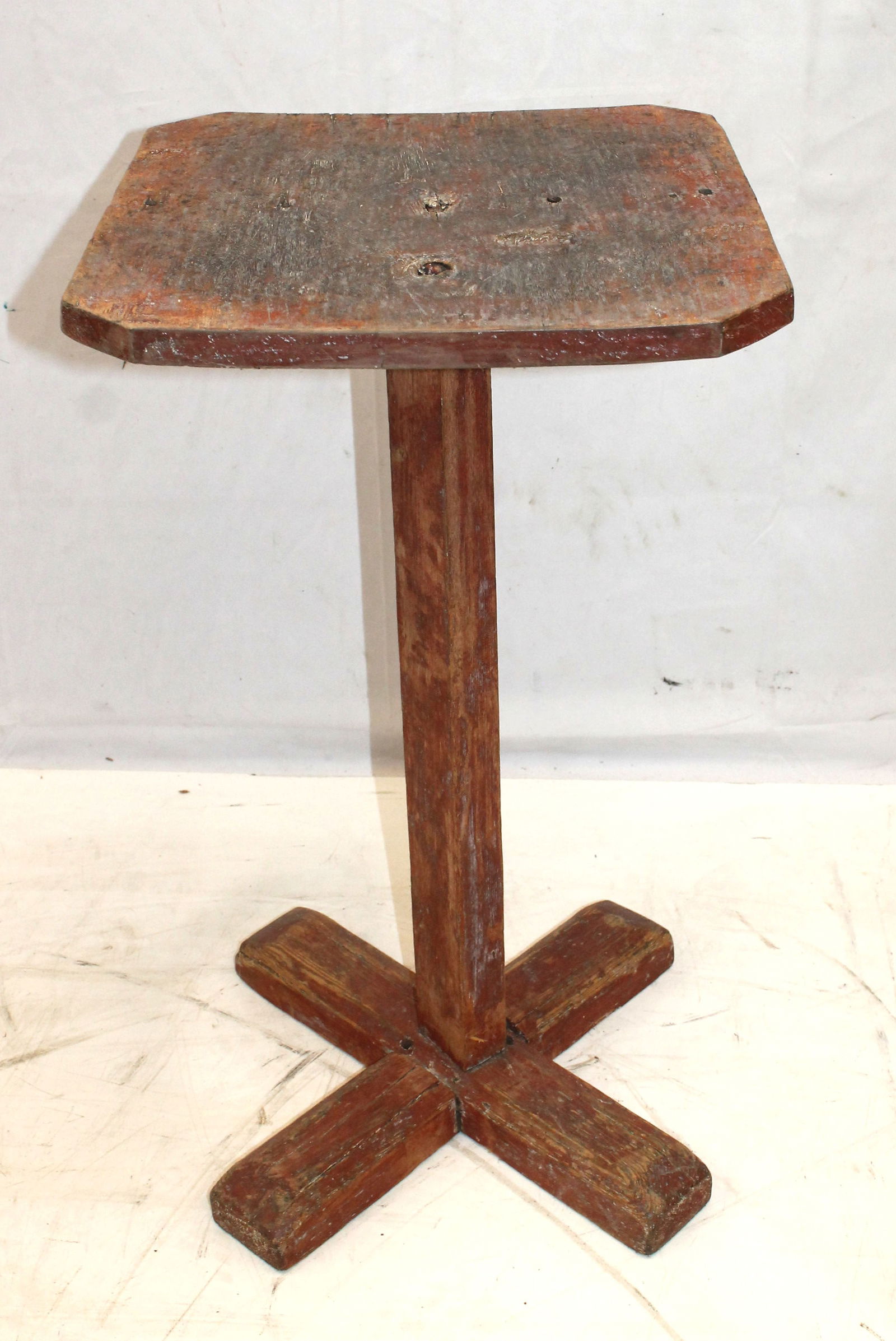 Antique primitive candlestand in red wash on X base w shaped top - 26" tall x 14 1/4" 15" top & (1 of 7)