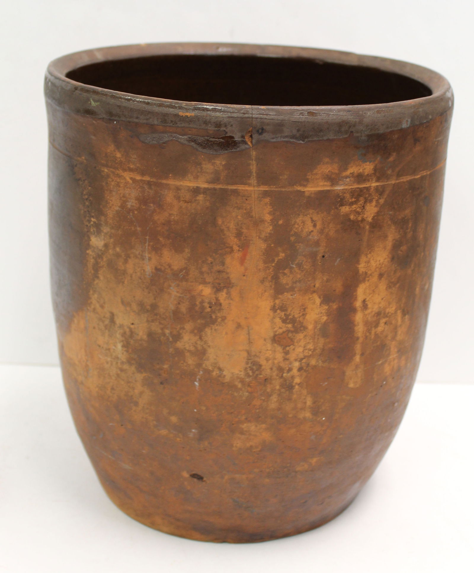 Antique large redware lard pot - 10 1/2" tall x 9 3/4" diam - as found (1 of 5)