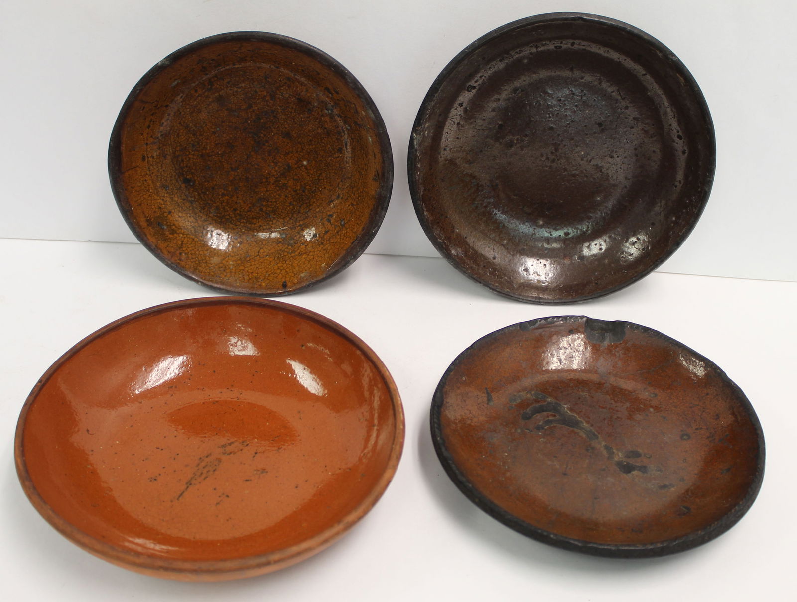 Lot of 4 antique redware plates - 7", 7 1/2", 7 3/4" & 8" diam (1 of 10)