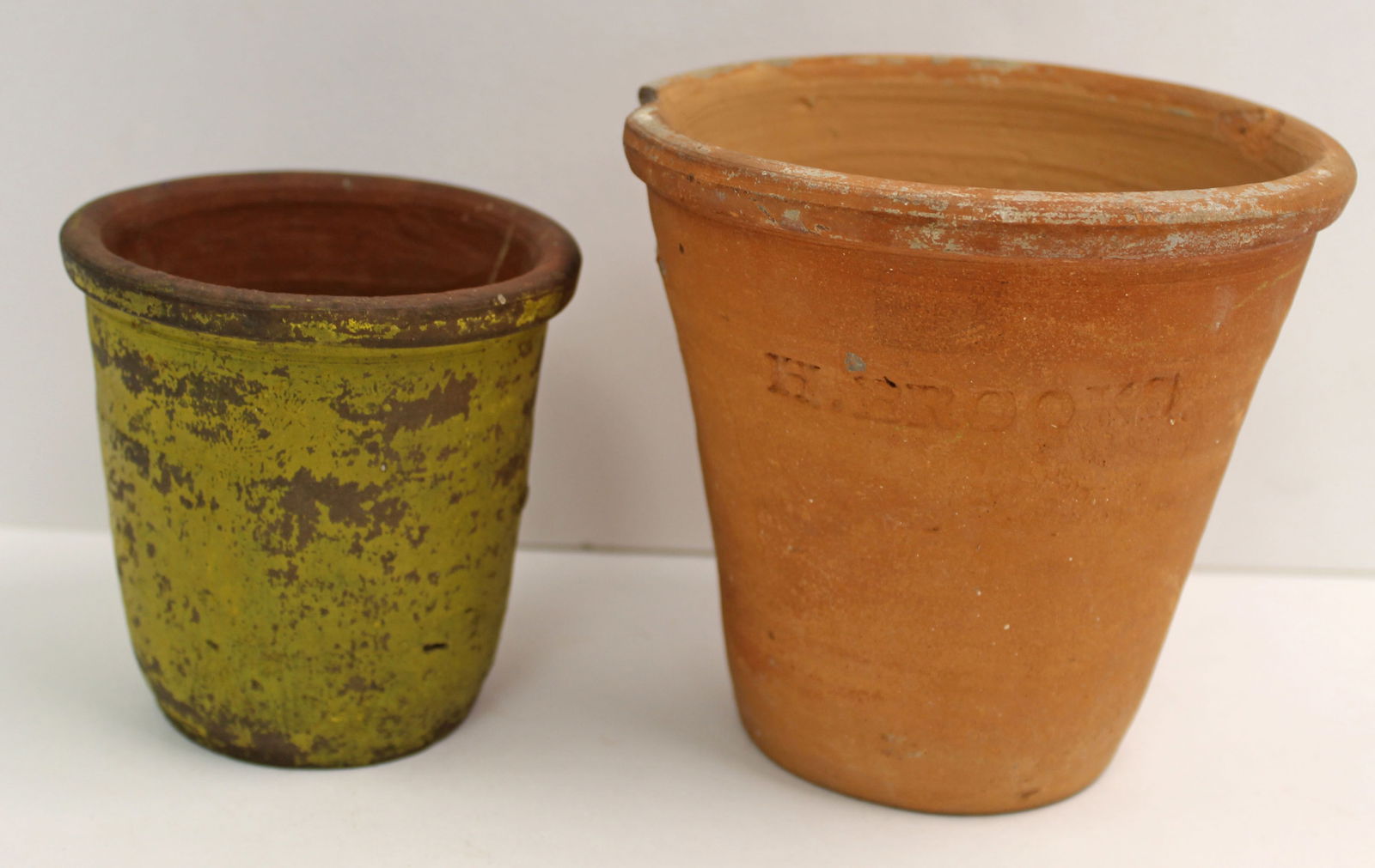 Lot of 2 antique redware flower pots by H. Brooks (Hervey Brooks, Goshen, CT) incl 1 in yellow paint (1 of 8)