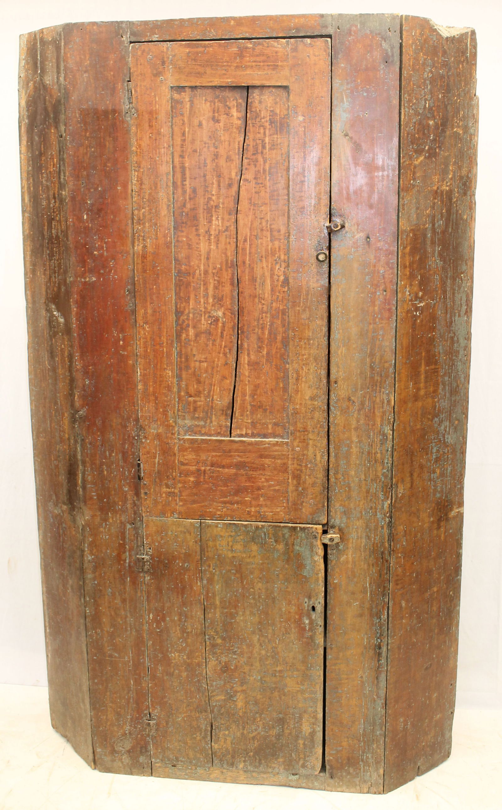 Antique corner cupboard w traces of red & blue/gray paint - 76" tall x 42" wide x 16" deep (1 of 9)