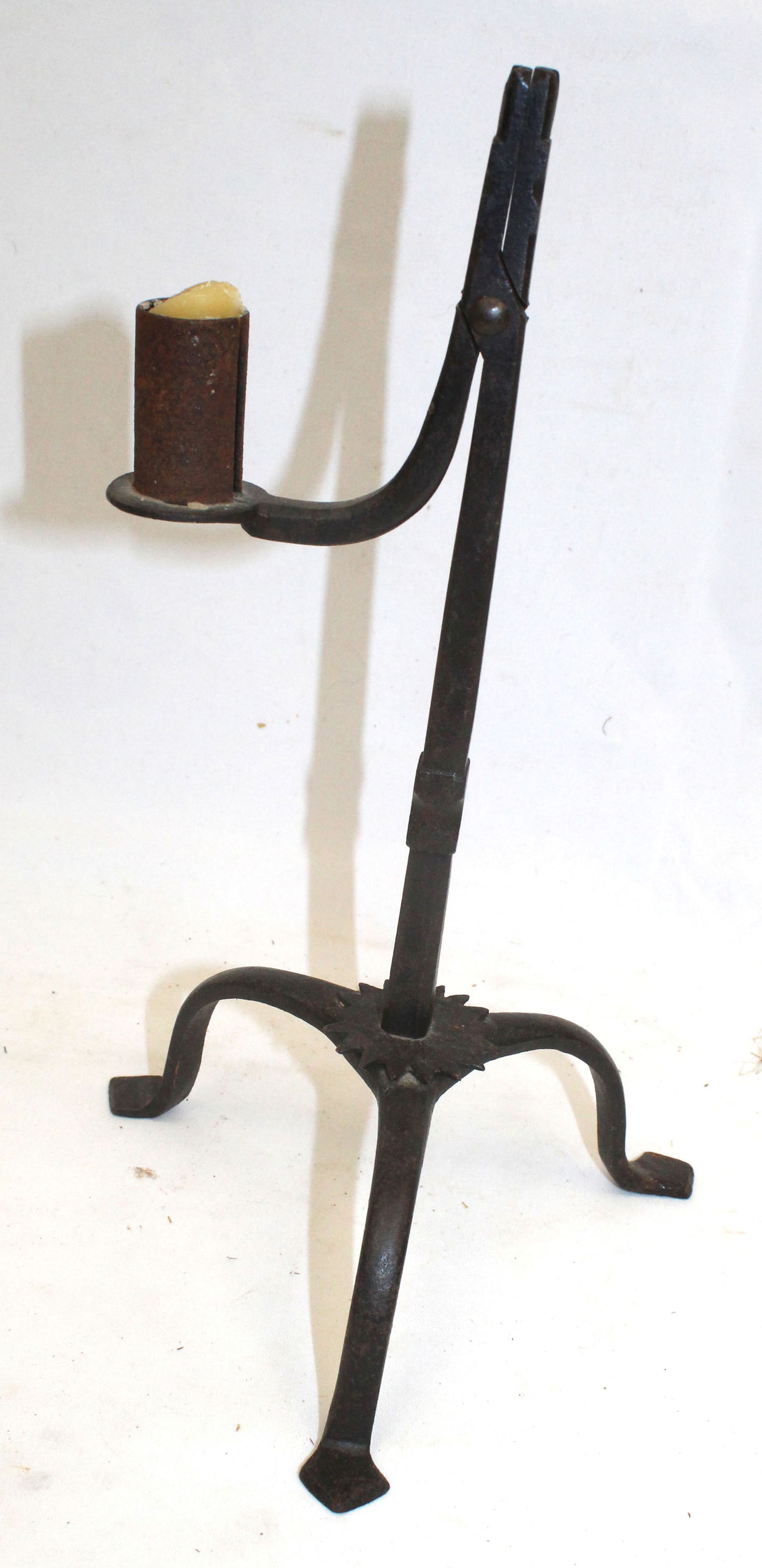 Antique iron rush light candle holder on tripod penny foot base - 10 1/2" tall (1 of 8)